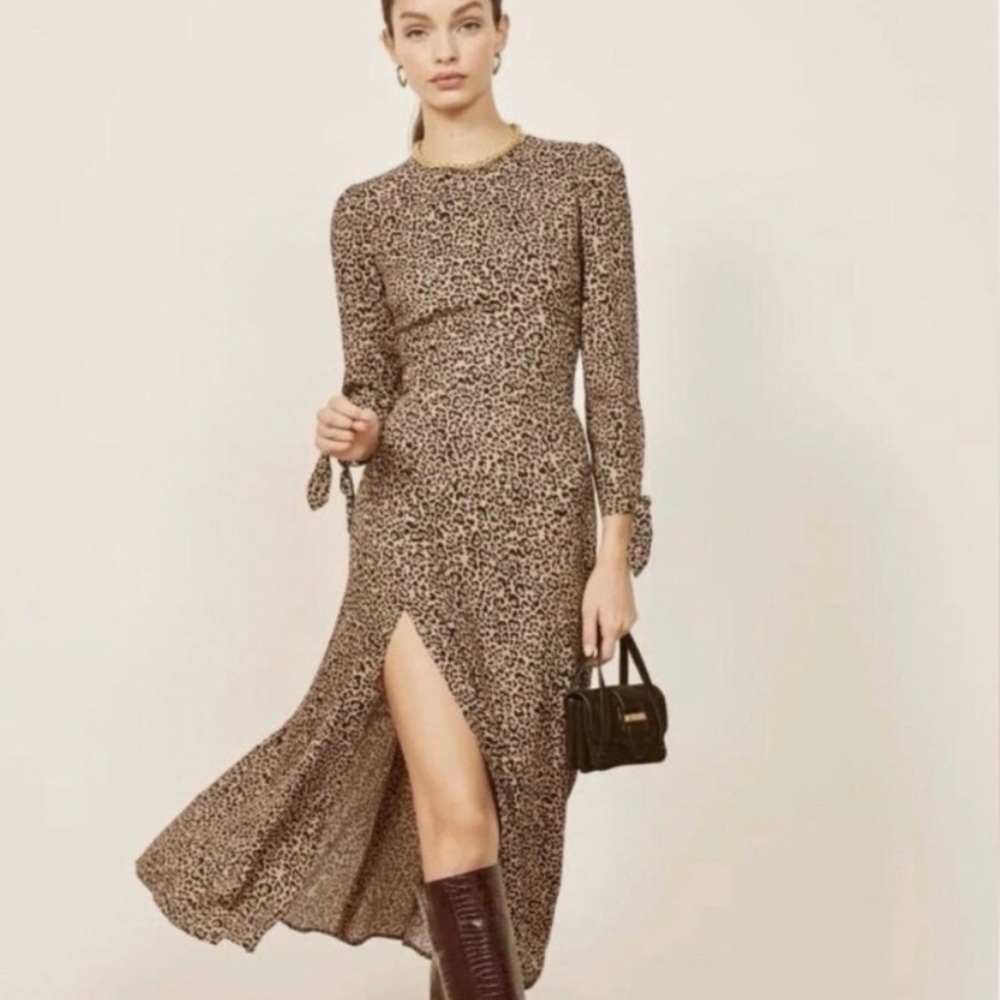 Reformation Leopard Print Long Sleeve Midi Dress in Brown